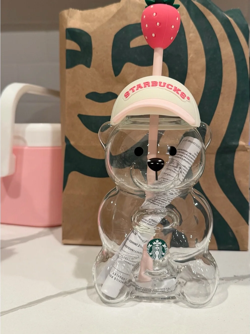 Starbucks Clear Bear Bottle with Pink Hat and Strawberry Straw